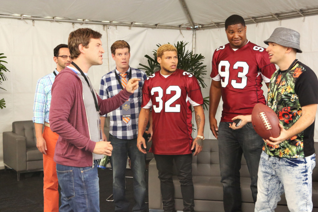 Pictured: (l-r) Nick Kroll, Mark Duplass, Stephen Rannazzisi, Tyrann Mathieu, Calais Campbell, and Paul Scheer in a bucket hat. Photo Credit: Patrick McElhenney/FX