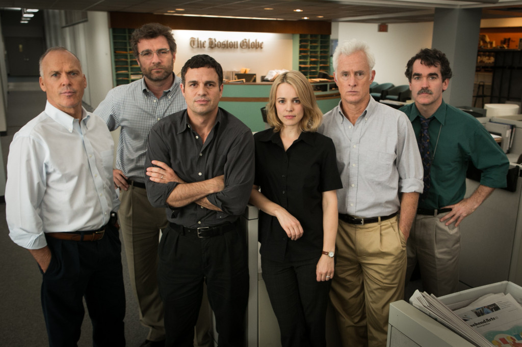 Michael Keaton, Liev Schreiber, Mark Ruffalo, Rachel McAdams, John Slattery, and Brian d’Arcy James in "Spotlight" wardrobe. (Photo Credit: Kerry Hayes)