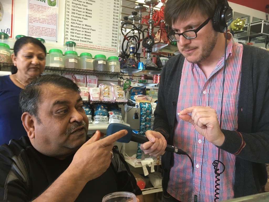 Rico talks to Chaitnya while enjoying some paan.